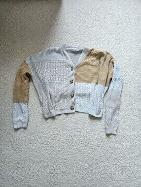 June And Ivy Colorblock Knit Button-Front Women's Cardigan - Cream & Tan